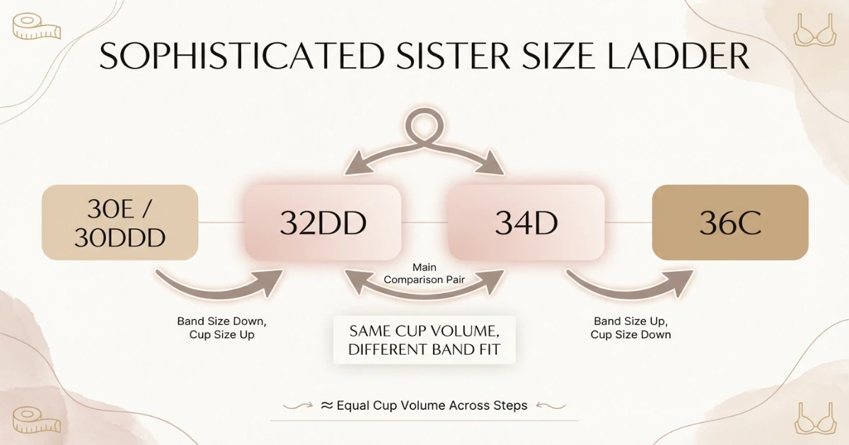 Sister size ladder illustration showing 30E, 32DD, 34D, and 36C as equivalent cup volumes