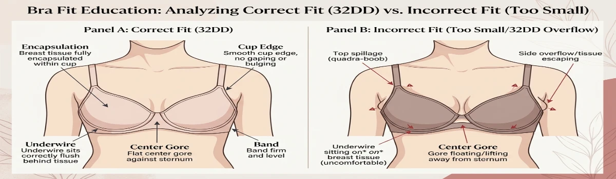 32DD vs 32DDD fit comparison showing cup overflow in the smaller size and smooth containment in the larger size