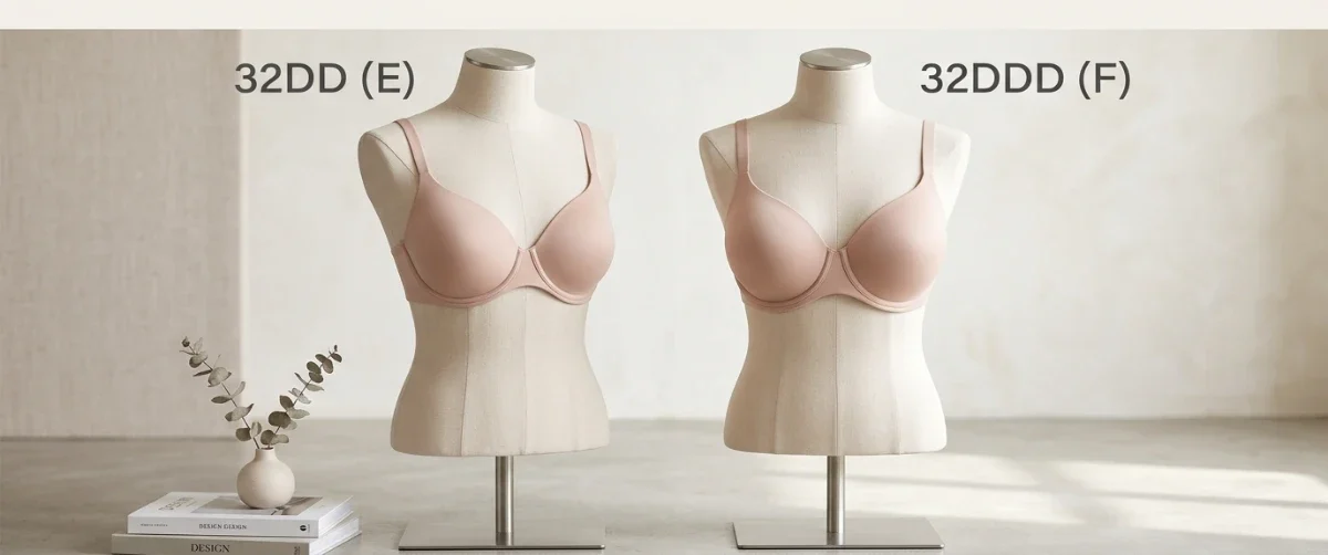 32DD vs 32DDD bra size comparison chart showing the one cup size difference