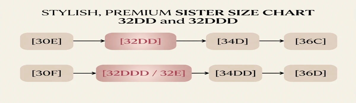 Sister size chart for 32DD and 32DDD showing equivalent sizes with tighter and looser bands