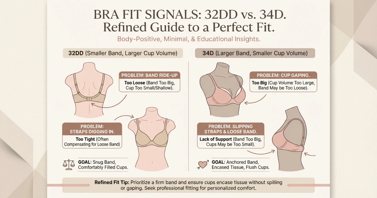 Diagram showing common bra fit problems: band ride-up, cup spillage, and cup gaping for 32DD vs 34D comparison