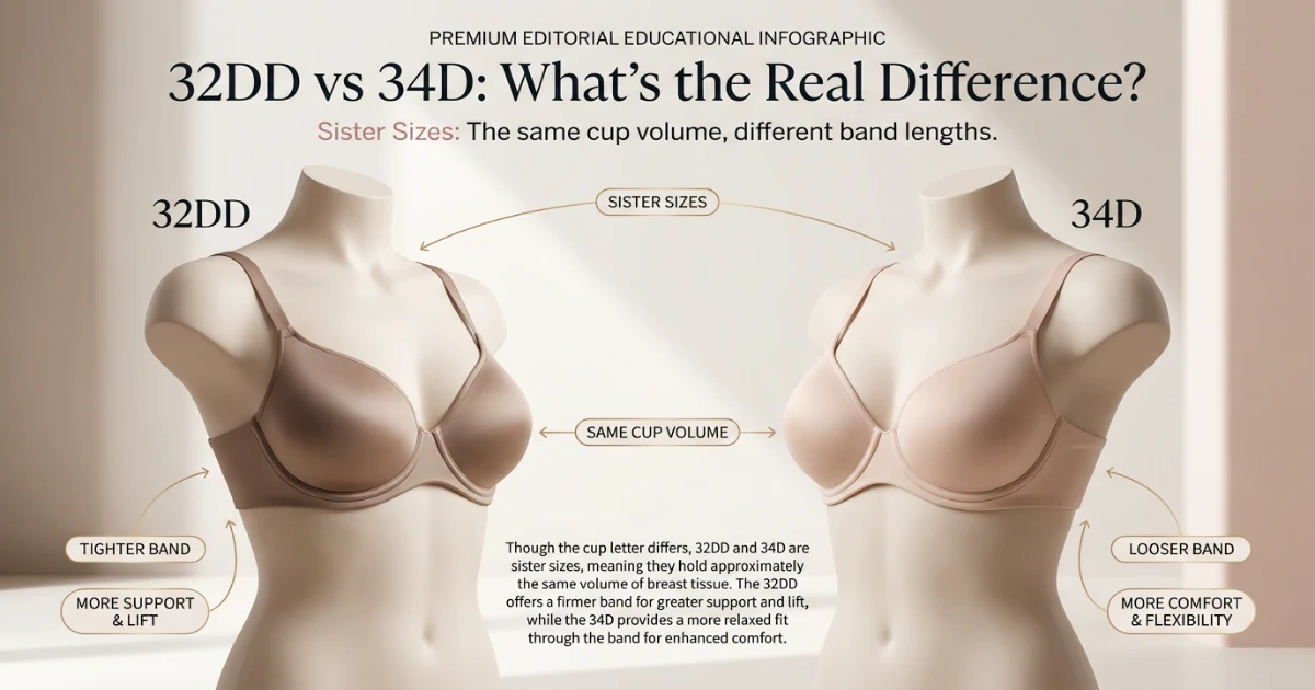 32DD vs 34D sister size comparison showing similar cup volume but a tighter band on 32DD and looser band on 34D