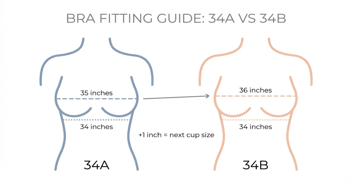 Diagram comparing 34A and 34B bra measurements — underbust at 34 inches, bust at 35 vs 36 inches respectively