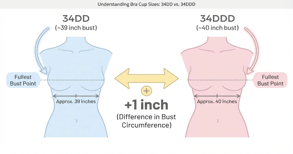 34DD vs 34DDD bra size comparison chart showing bust measurements, cup depth, and volume difference