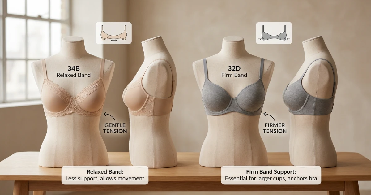 Diagram comparing 34B and 32D band fit around the ribcage, showing different levels of tension and support