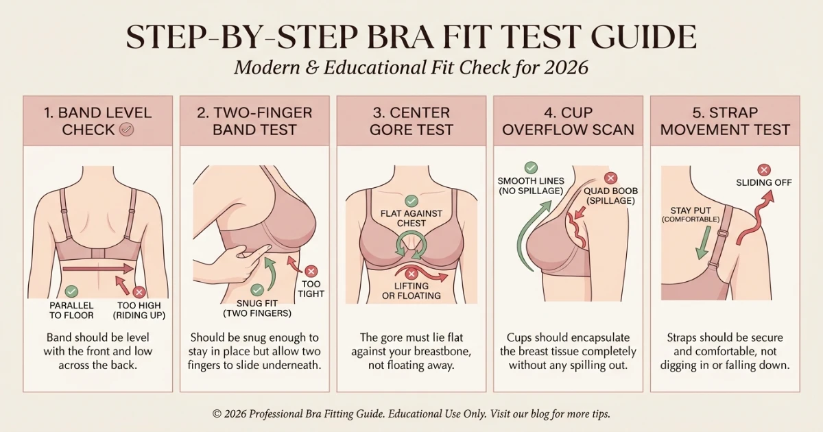 Bra fit test diagram illustrating band level, center gore contact, and cup overflow checks for 34B and 32D