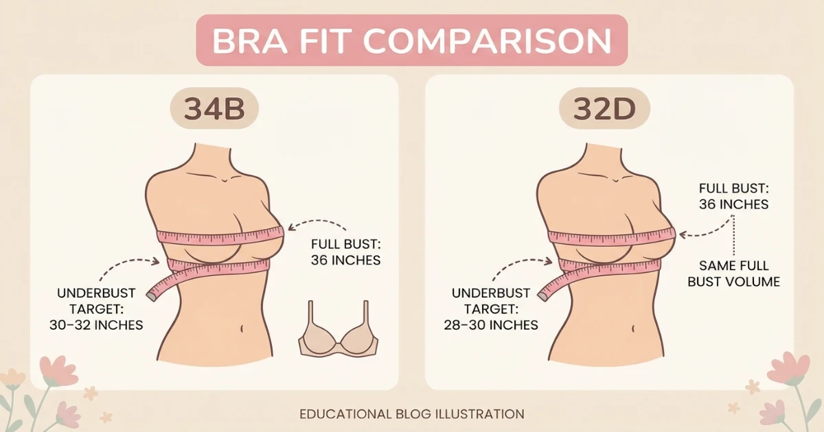 Bra measurement diagram showing underbust and full bust measurement points for 34B and 32D sizing