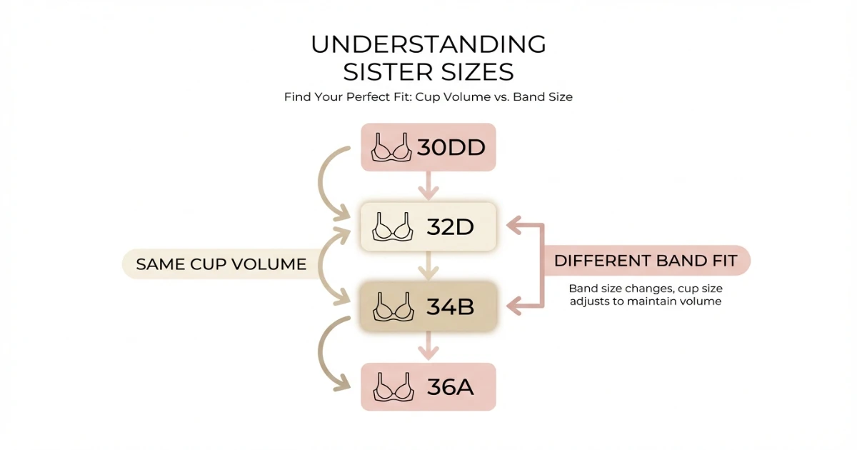Sister size chart showing 30DD, 32D, 34B, and 36A as equivalent cup volume bra sizes