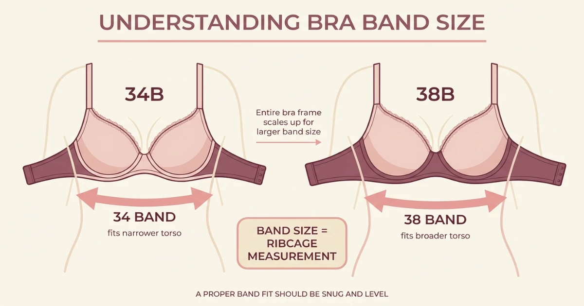 Diagram comparing 34B and 38B bra sizes showing how band circumference and cup volume differ between the two sizes