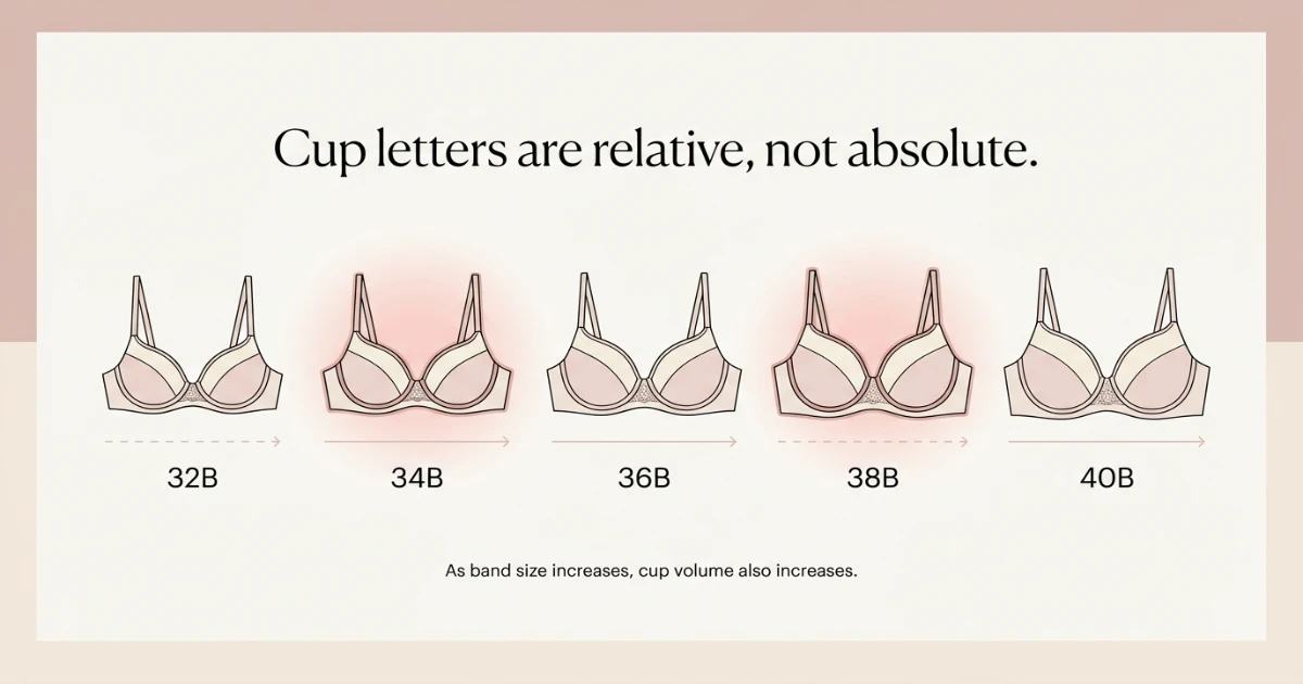 Illustration showing how the same cup letter B holds increasingly more volume as band size increases from 32 to 40