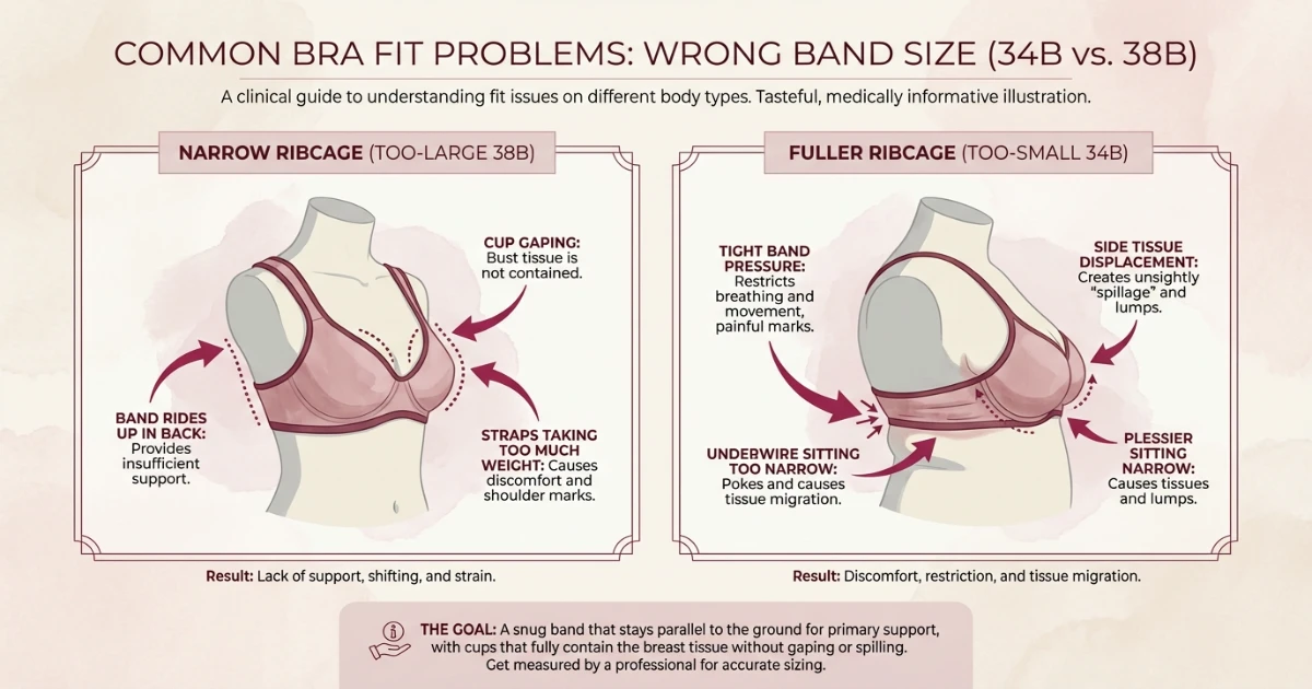 Illustration showing common bra fit problems caused by incorrect band size, including band riding up, cup gaping, and underwire displacement