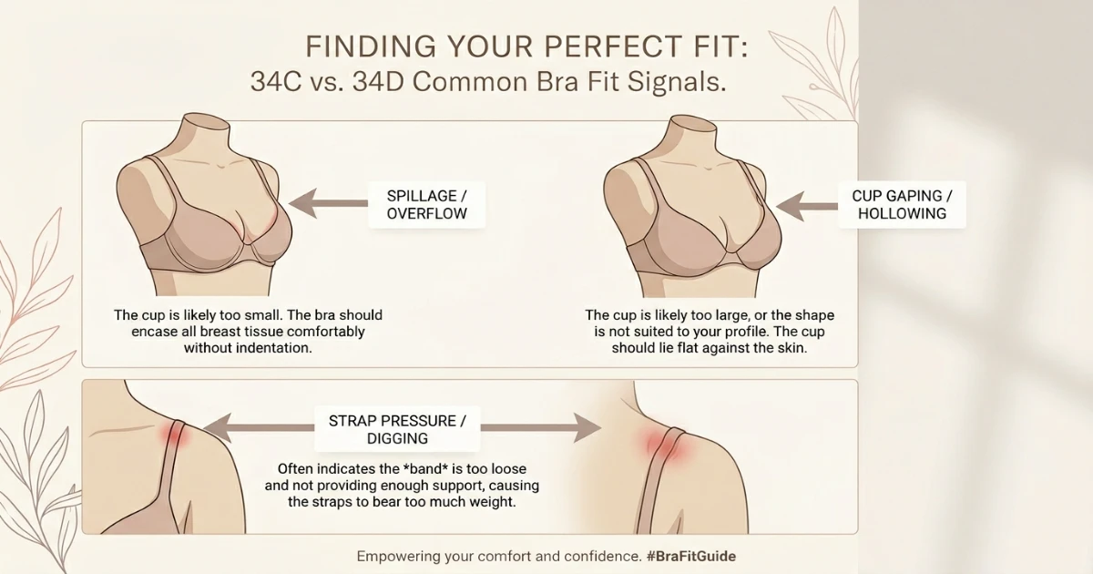 Diagram illustrating common bra fit problems including spillage over cup, cup gaping, and strap digging in