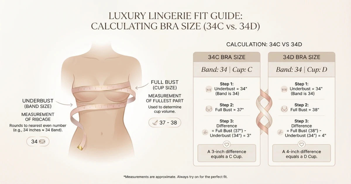 Diagram showing how to measure underbust and full bust to determine 34C or 34D bra size