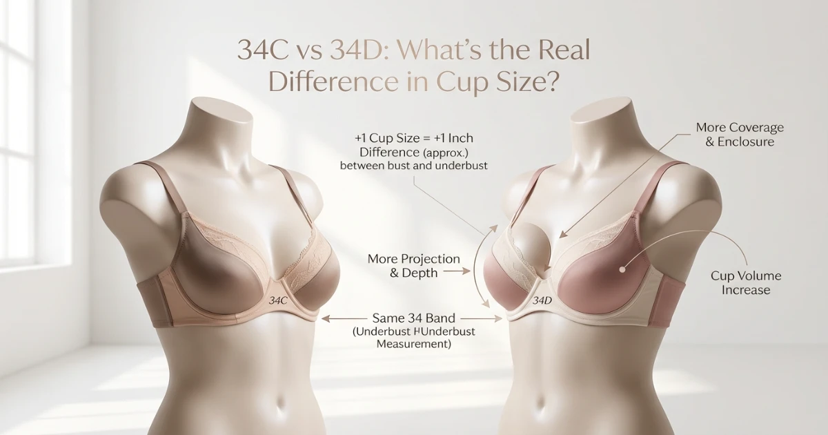 Side-by-side comparison illustration of 34C vs 34D bra cup size showing volume difference