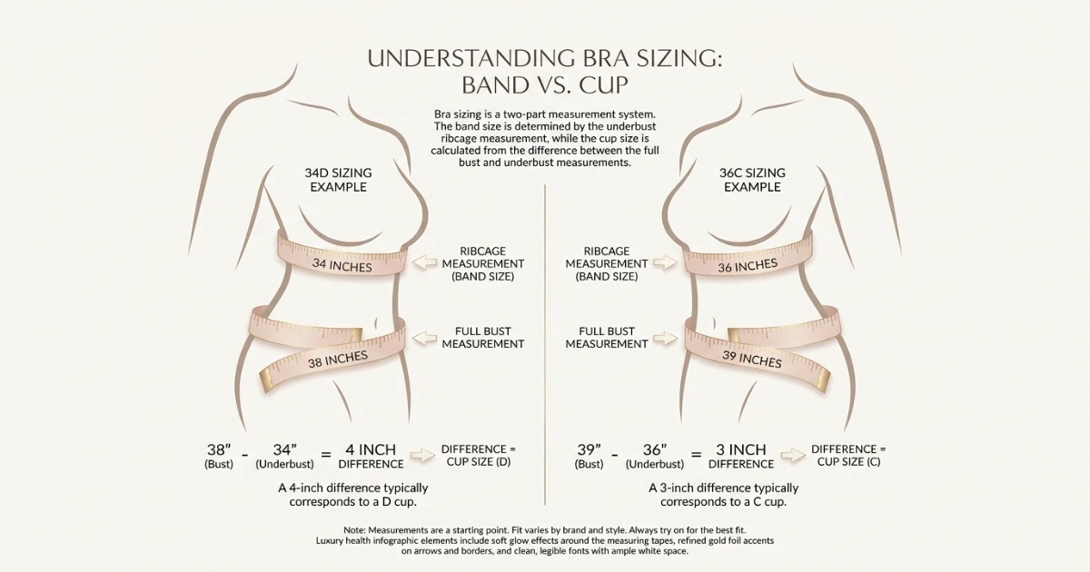 Diagram showing how to measure underbust and bust for bra sizing 34D vs 36C
