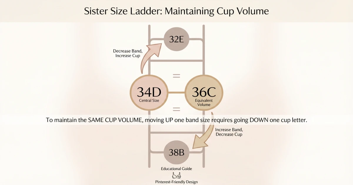 Sister size ladder chart showing 32E, 34D, 36C, 38B as equivalent cup volume bra sizes