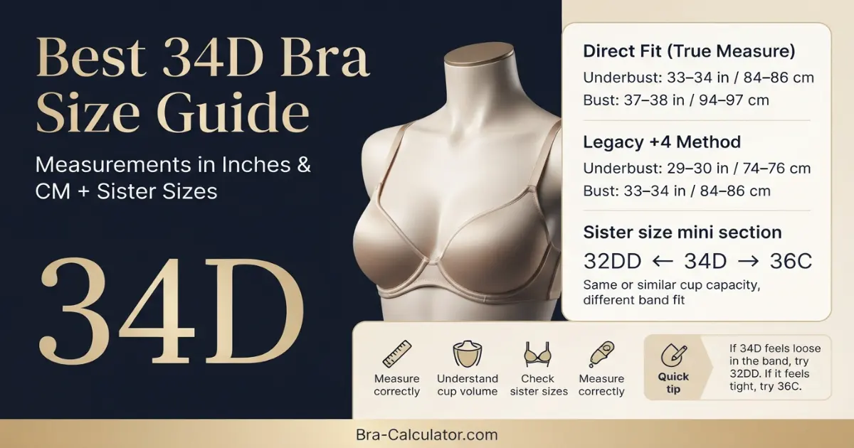 34D bra size guide hero graphic with measurements fit and sister sizes