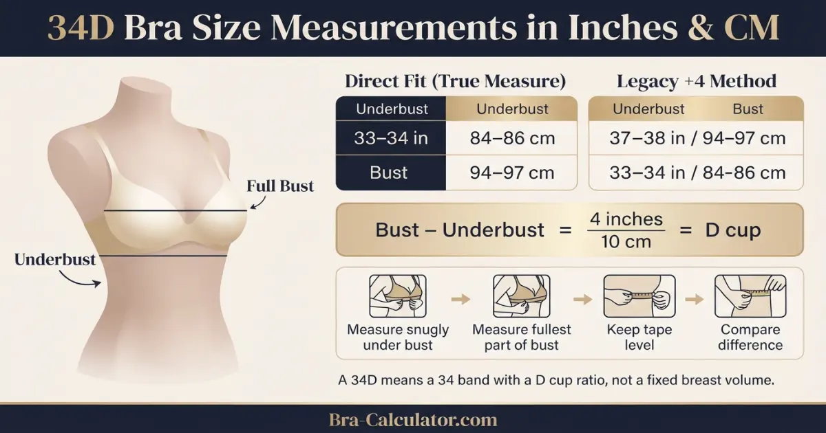 34D bra size measurement diagram showing underbust full bust and 4 inch cup difference