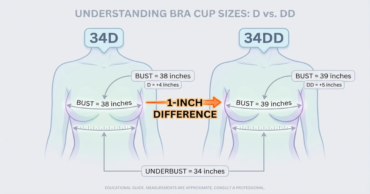 Measurement diagram comparing 34D and 34DD bra sizes — underbust at 34 inches, bust at 38 inches for 34D and 39 inches for 34DD