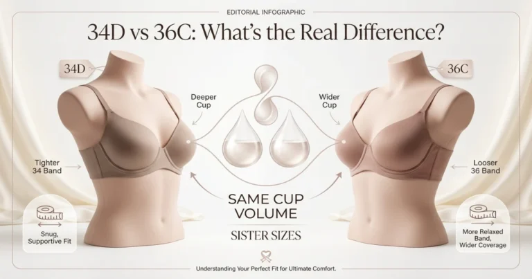34D vs 36C sister size comparison showing same cup volume with different band lengths and cup shapes