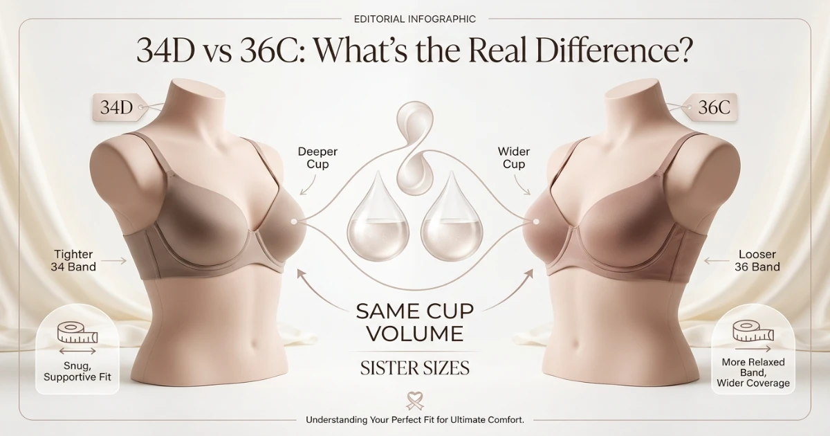 34D vs 36C sister size comparison showing same cup volume with different band lengths and cup shapes