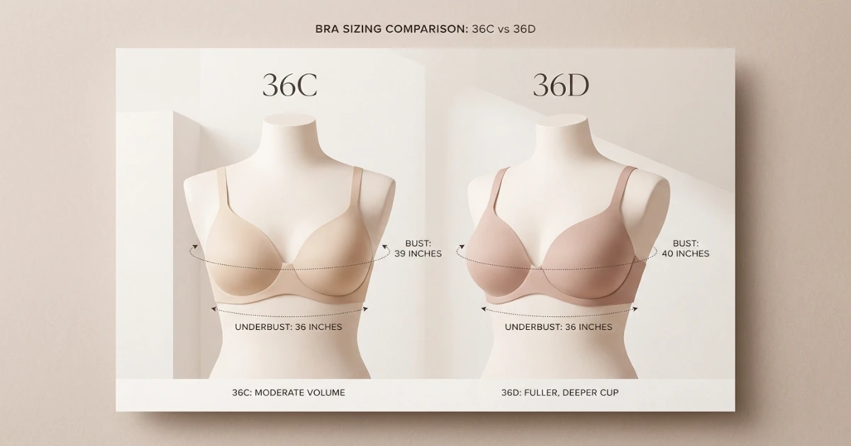 36C vs 36D bra cup size comparison showing projection difference