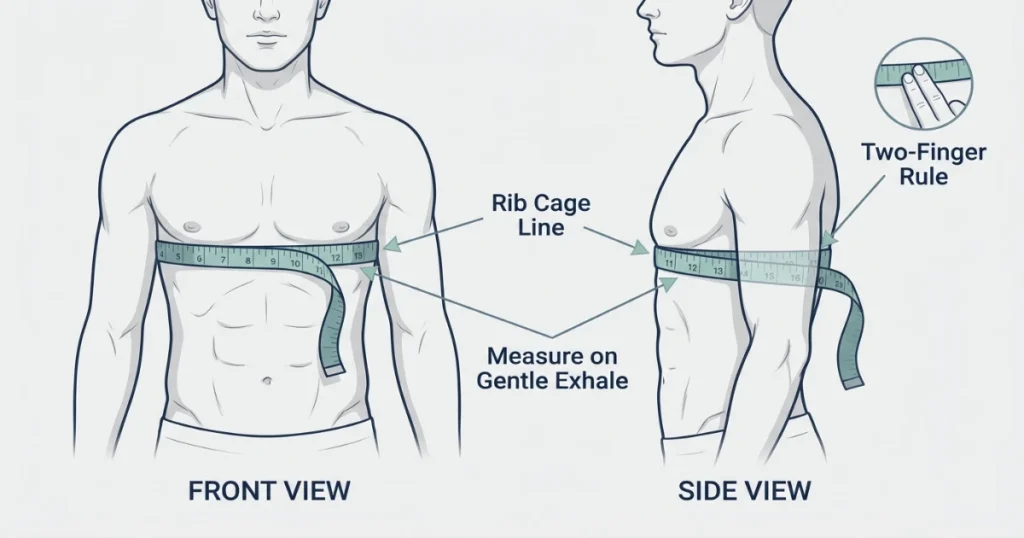 Male underbust measurement for compression garment showing soft tape placed snugly under chest tissue at rib cage level with two-finger rule for proper band sizing.
