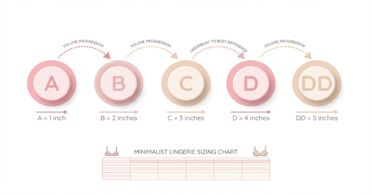 Diagram showing how cup letters increase from A through DD with the corresponding inch difference for each cup size
