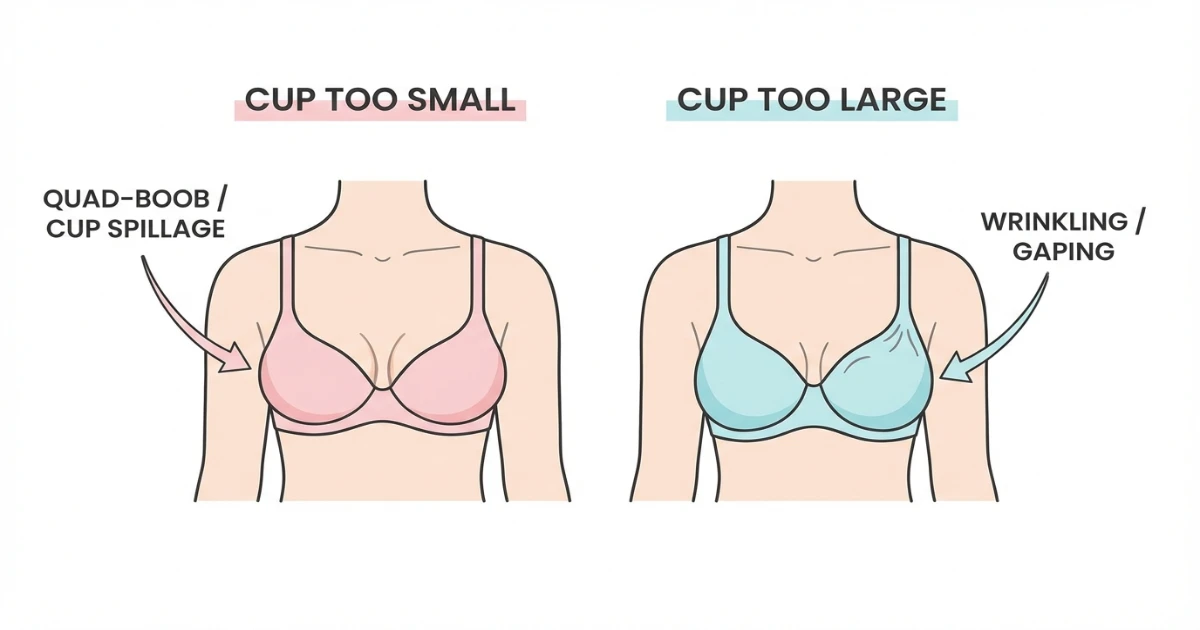 Visual showing common bra fit problems including spillage and gaping indicating wrong cup size