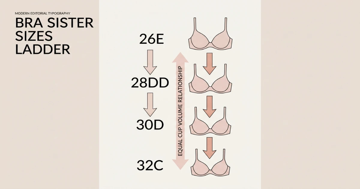 Sister size ladder graphic showing 26E, 28DD, 30D, and 32C sharing equal cup volume