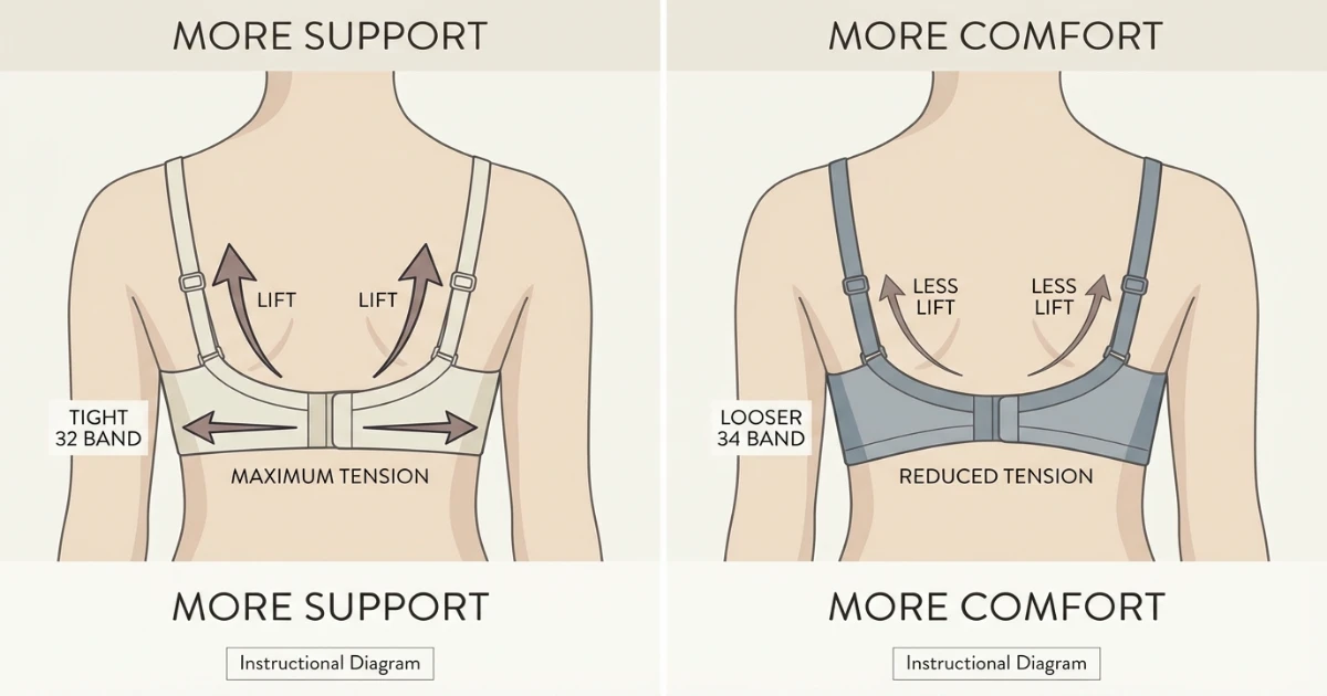 comparison of tighter bra band support versus looser bra band support showing lift difference