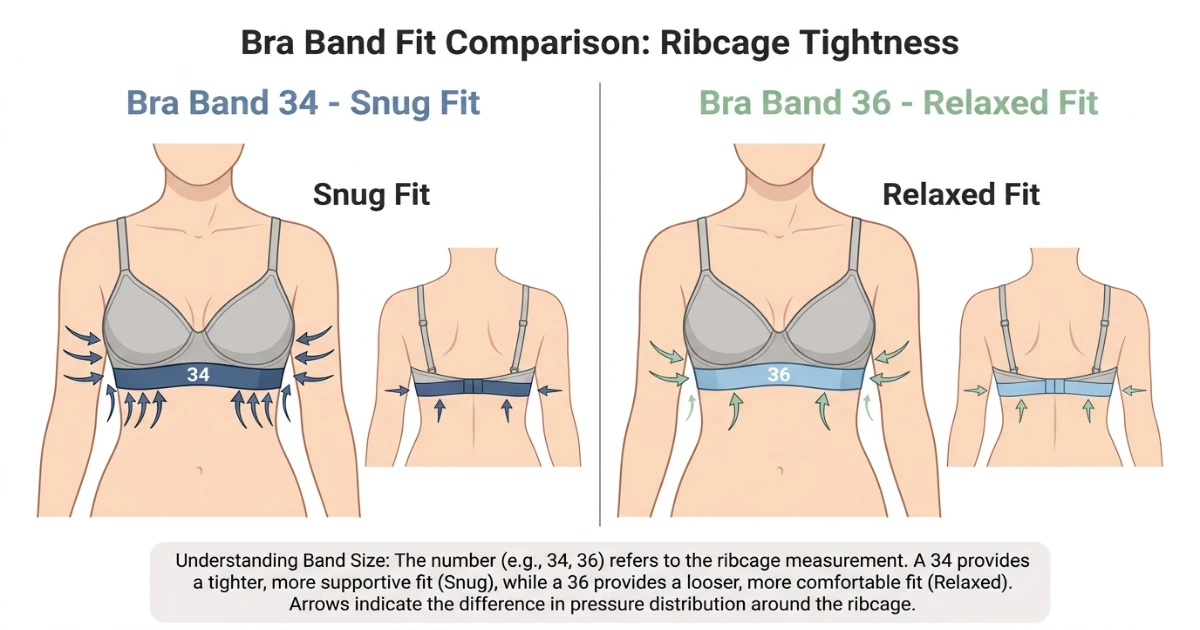 Band size comparison graphic showing the fit difference between a 34-inch and 36-inch bra band around the ribcage