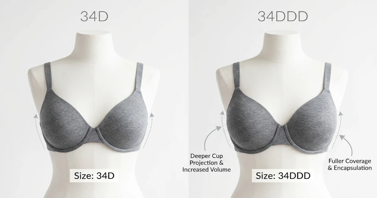 34D vs 34DDD cup size comparison showing the difference in cup depth and volume