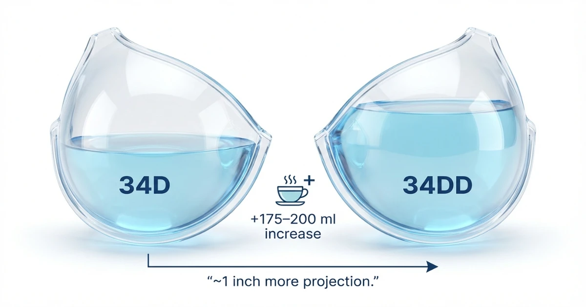 Cup volume illustration comparing 34D and 34DD bra sizes — 34DD projects approximately 1 inch more than 34D on the same 34-inch band
