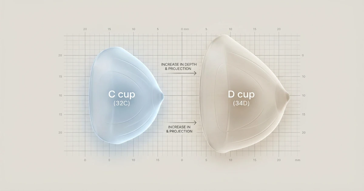 visual comparison of C cup and D cup bra volume showing the difference in cup depth and projection