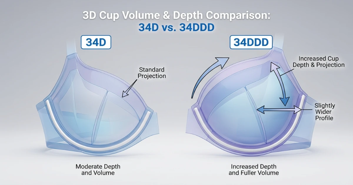Cup depth and volume comparison between 34D and 34DDD bra sizes