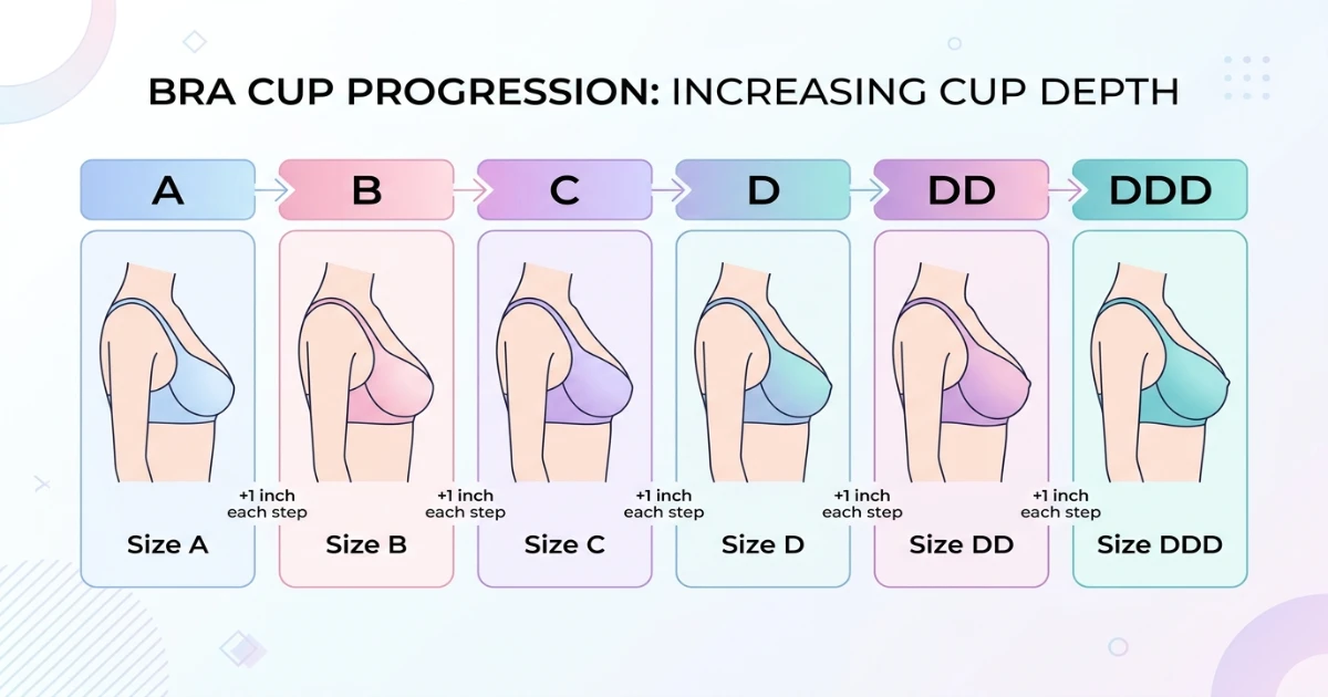 Cup size progression chart from A through DDD showing incremental increases