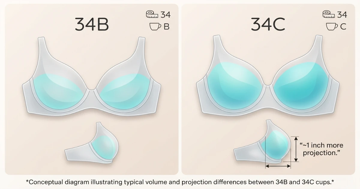 Cup volume illustration comparing 34B and 34C bra cups — 34C projects approximately 1 inch more than 34B on the same 34-inch band