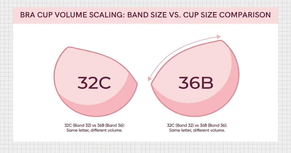 side by side comparison of 32C and 36B bra sizes showing band difference and similar volume