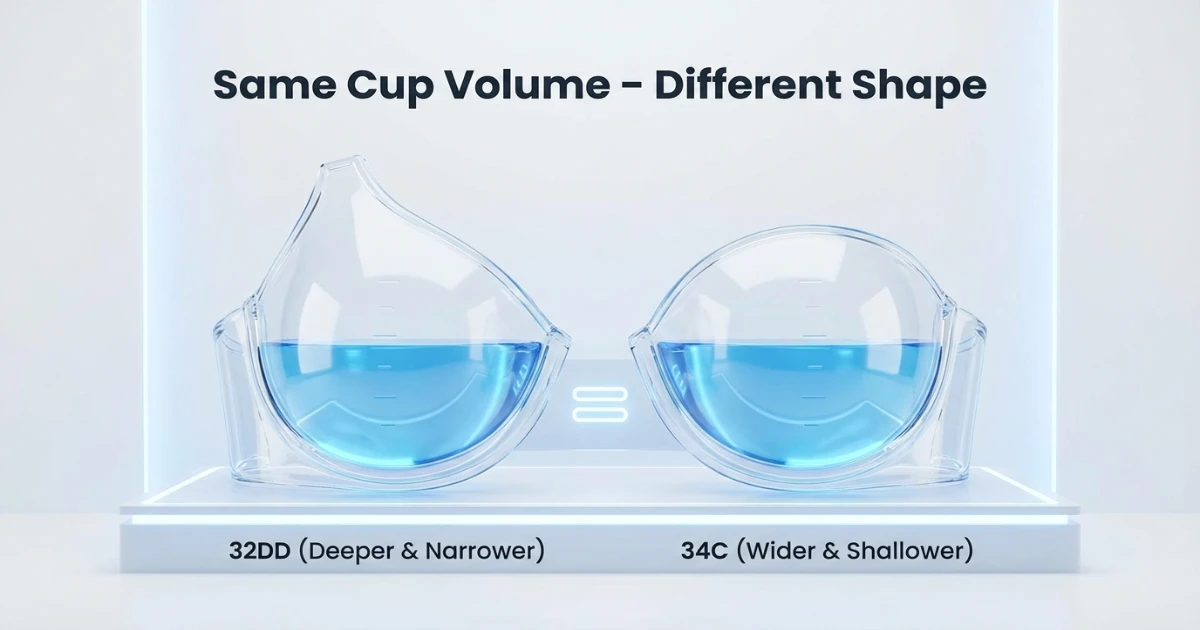 side by side comparison of 32DD and 34C bra sizes showing sister size relationship