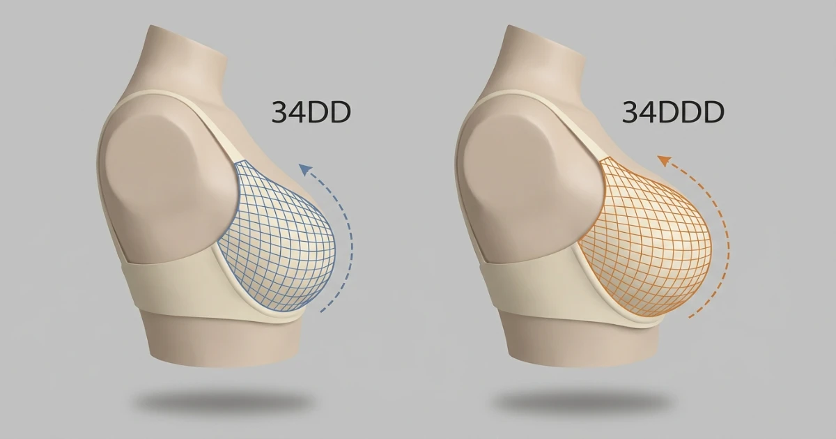 Side-profile illustration comparing 34DD and 34DDD cup depth and forward projection