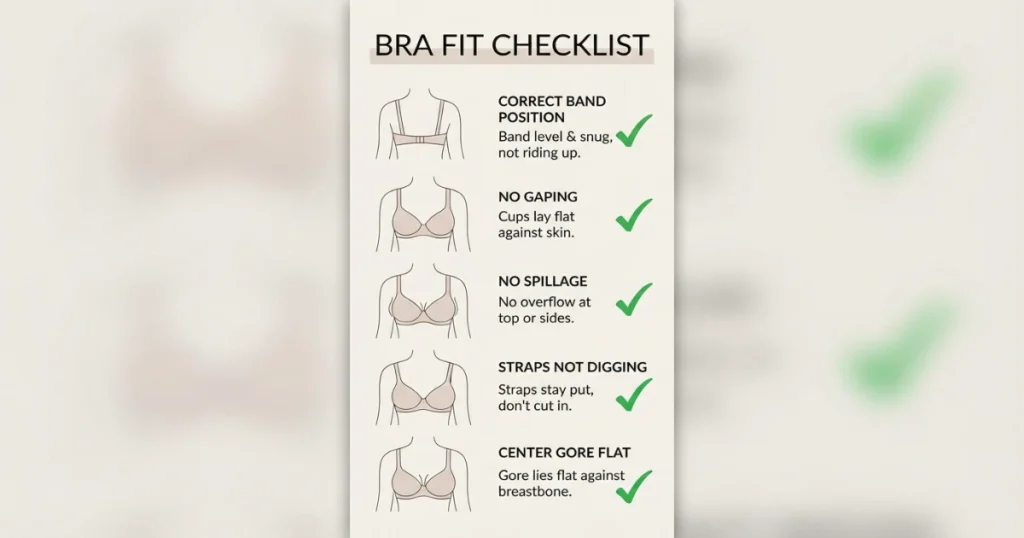 Checklist showing signs of proper 34D bra fit including level band and no spillage