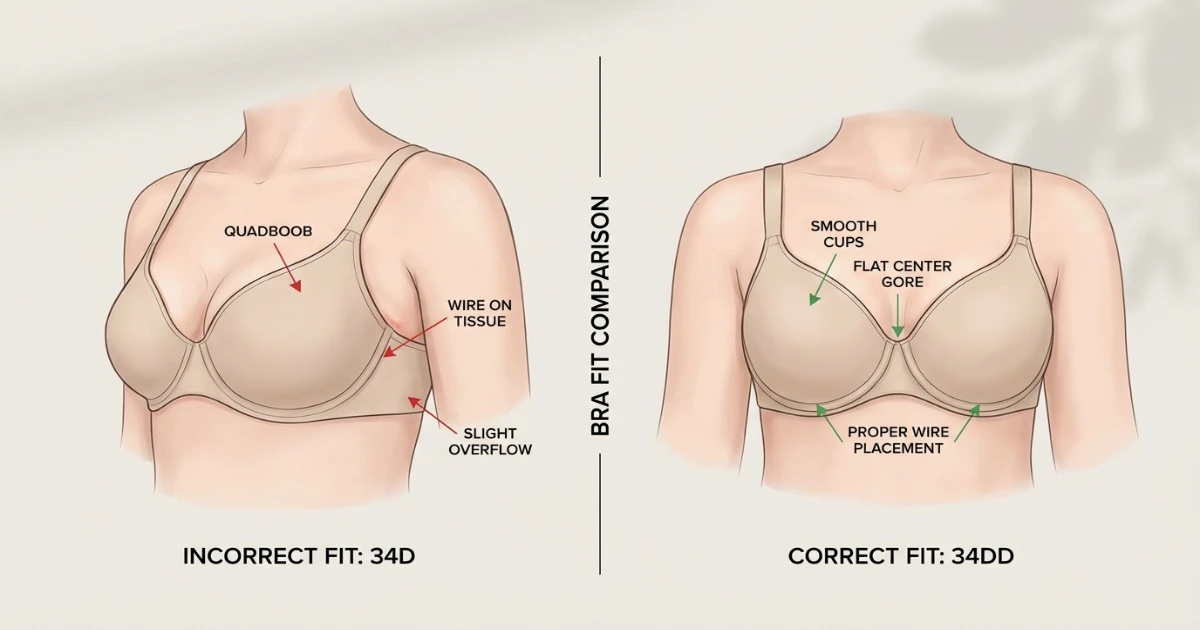 Bra fit diagram comparing common fit problems in too-small 34D cup on left versus correctly fitted 34DD on right, showing underwire placement and cup smoothness