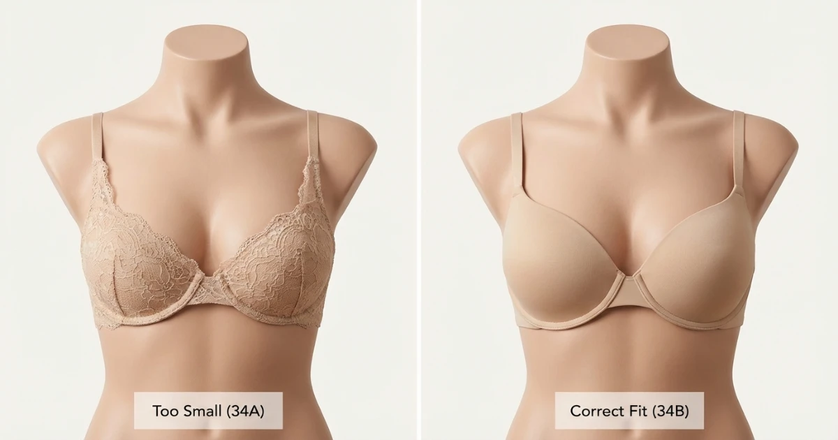 Side-by-side showing common 34A fit problems including spillage and quadboob on the left versus a properly fitted 34B on the right