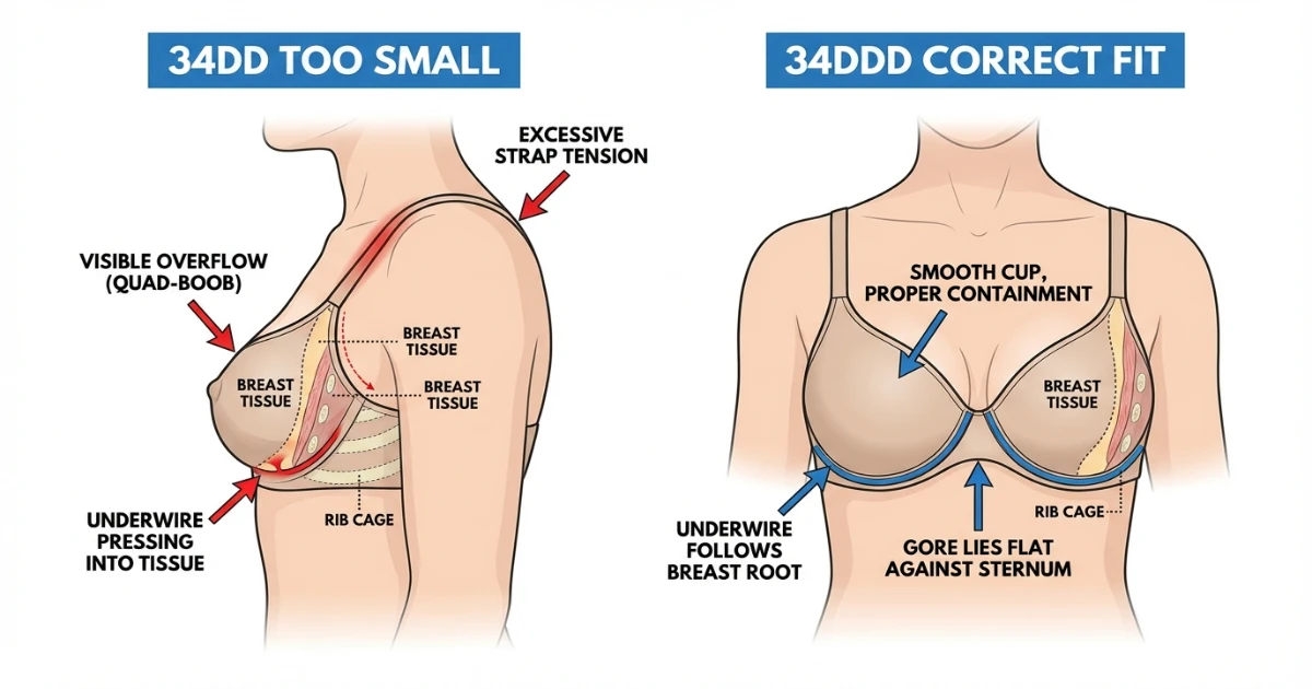 Diagram illustrating bra fit problems common in 34DD and 34DDD sizes, including cup overflow, underwire displacement, and centre gore lifting