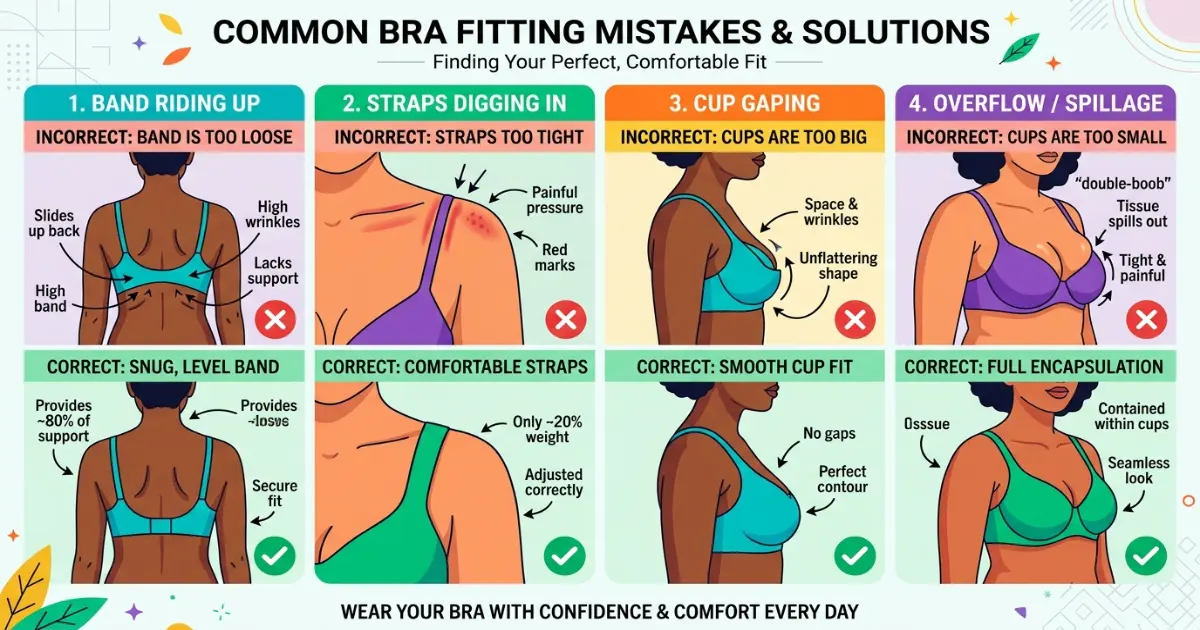 Common bra fitting mistakes including band riding up and cup overflow explained visually
