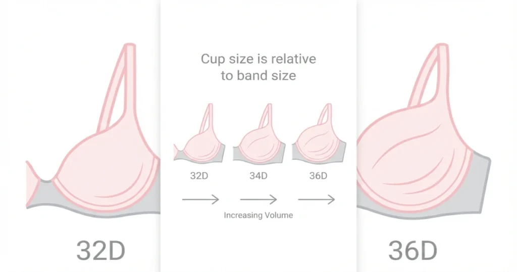 Comparison of 32D, 34D and 36D showing how cup volume increases with band size