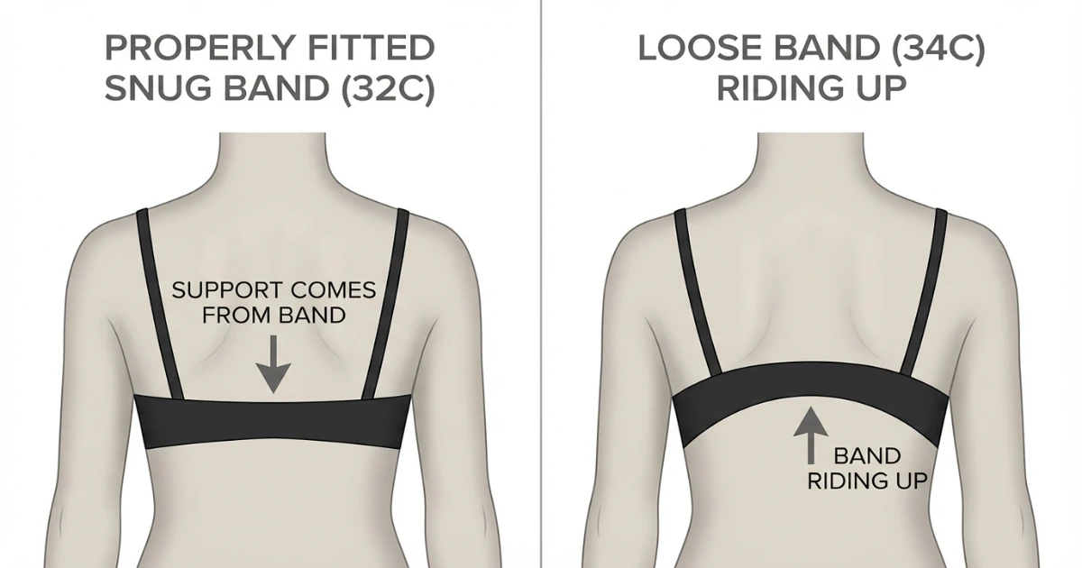 bra band riding up in back compared with properly fitted band staying parallel to ground
