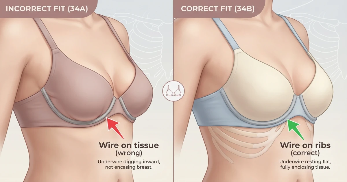 Close-up comparison showing underwire sitting correctly on ribcage in 34B versus digging into breast tissue in a too-small 34A