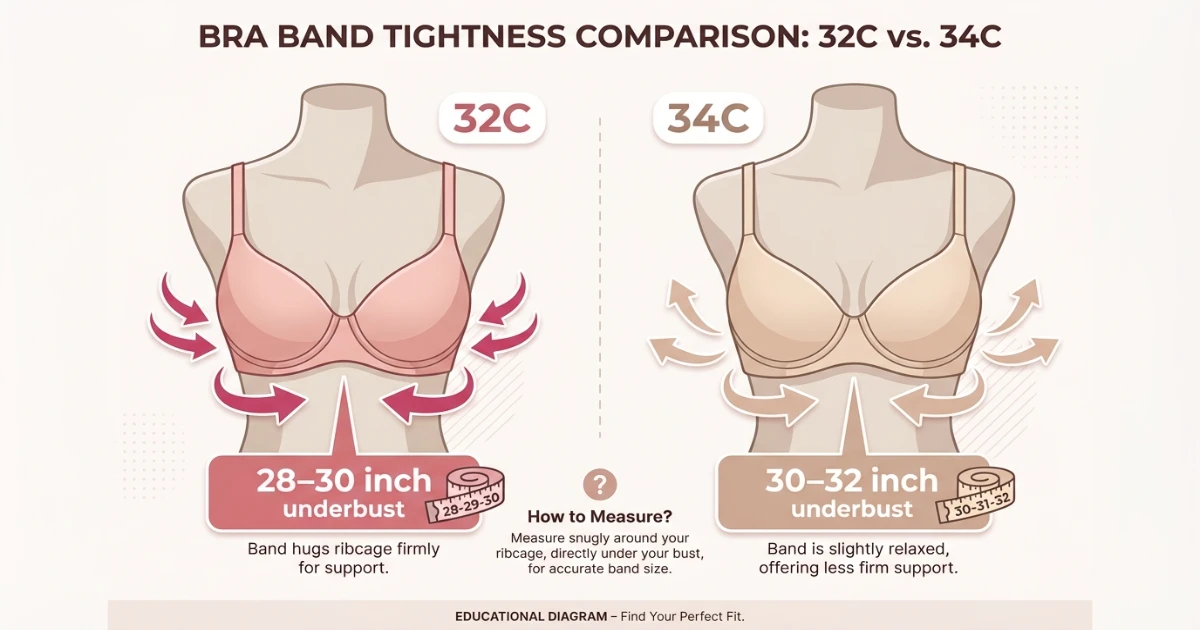 side by side 32C vs 34C bra size comparison showing band difference